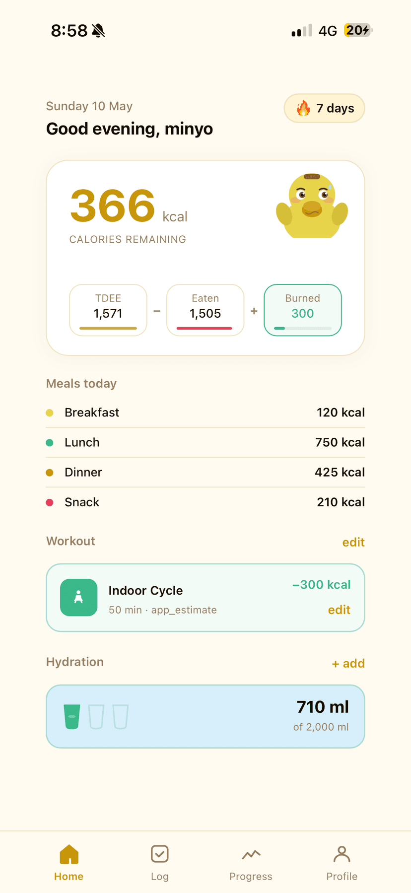 Dashboard with live calorie remaining